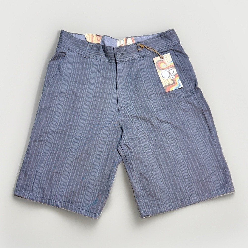 OP Ocean Pacific Shorts 32 Woven Flat Front Grey Stripes Cotton Surf Skate